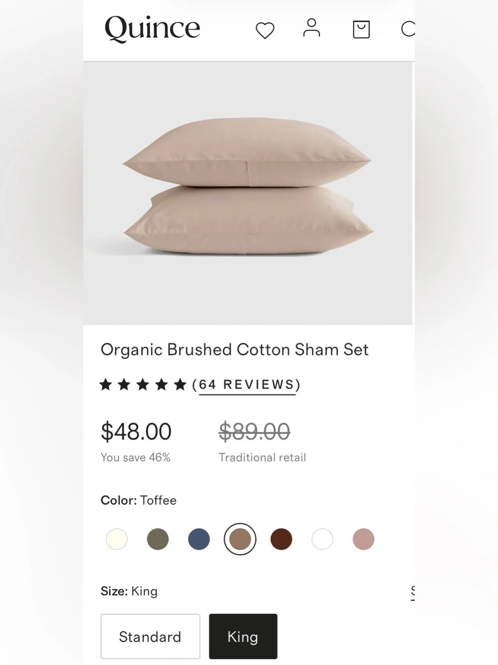 Quince Organic Brushed Cotton Sham Set, King (Toffee)